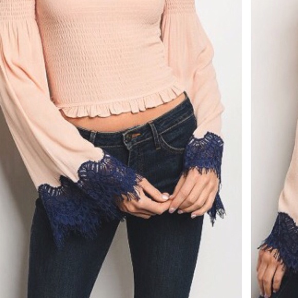 Pink & Navy Off Shoulder Lace Crop Bell Sleeve Top - Picture 2 of 2